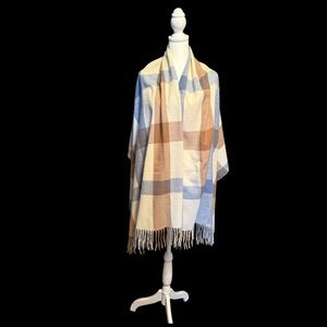 Ethel & Myrtle Plaid Fringe Shawl in Blue, Brown & Cream-78”x28” NWT